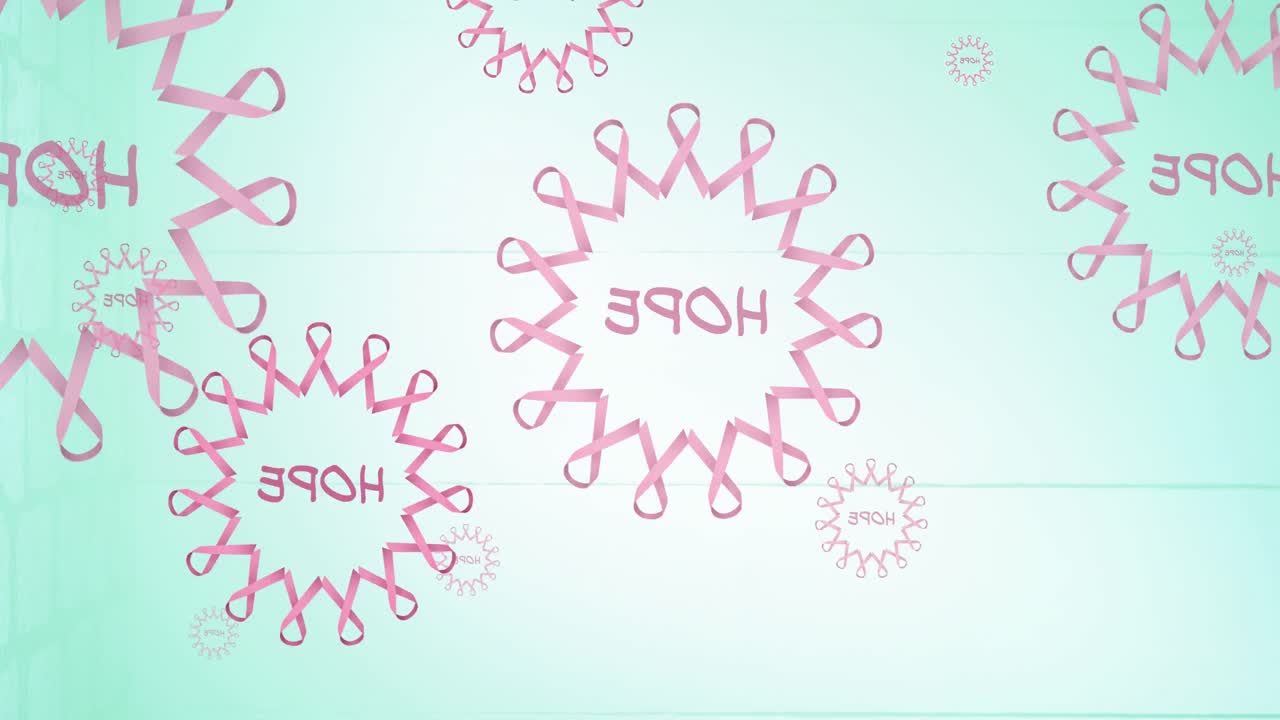 파란색 배경에 나타나는 여러 개의 분홍색 리본 로고와 희망 텍스트의 애니메이션