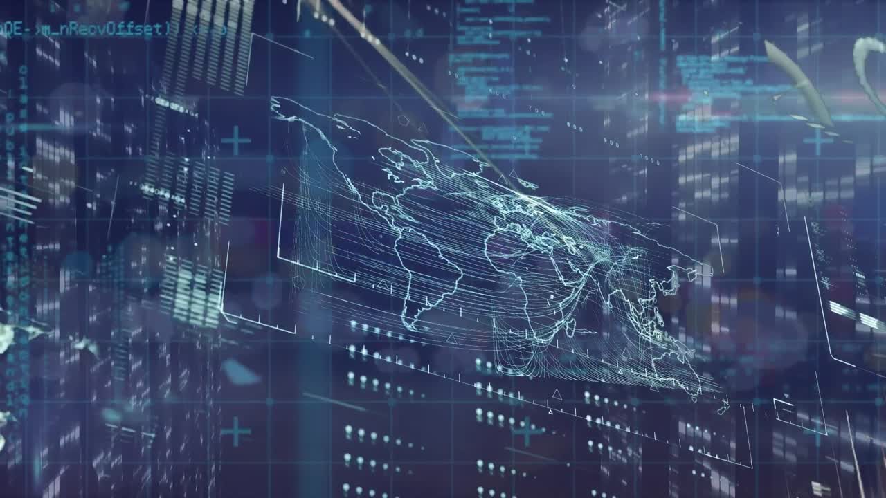 Animation of diverse data and graphs processing on screens over navy background