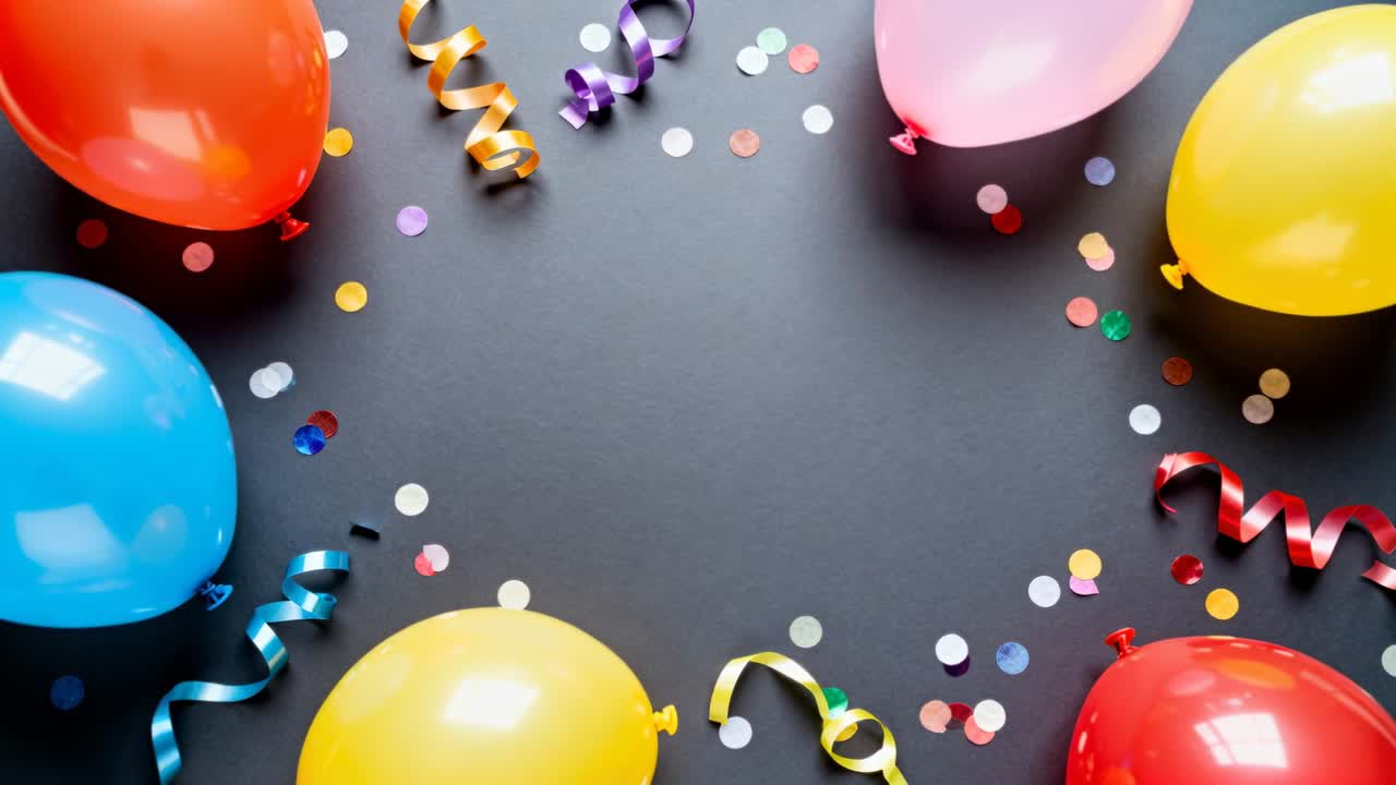 Kamera tar opp en rekke ballonger, metalliske bånd og konfetti på et mørkt bord som viser dekor