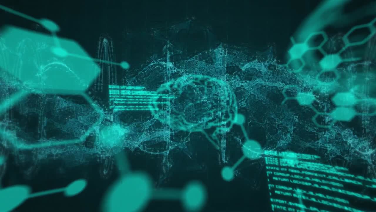 검은색 디지털 배경에 뇌를 통해 다양한 데이터 처리의 애니메이션