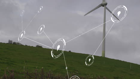animación de la red de conexiones con iconos sobre la turbina eólica