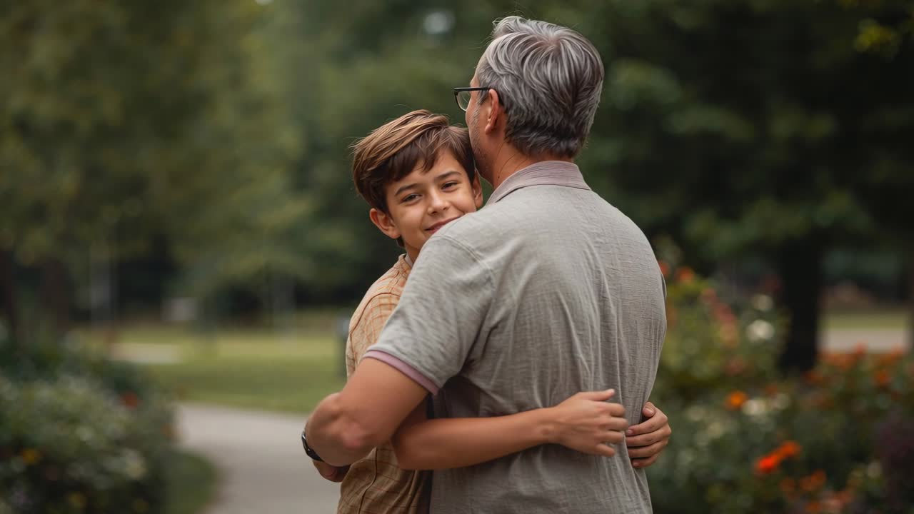 Padre e figlio che si abbracciano, il figlio che alza le braccia stringendo l'abbraccio mostrando amore su un sentiero del parco, maglietta polo
