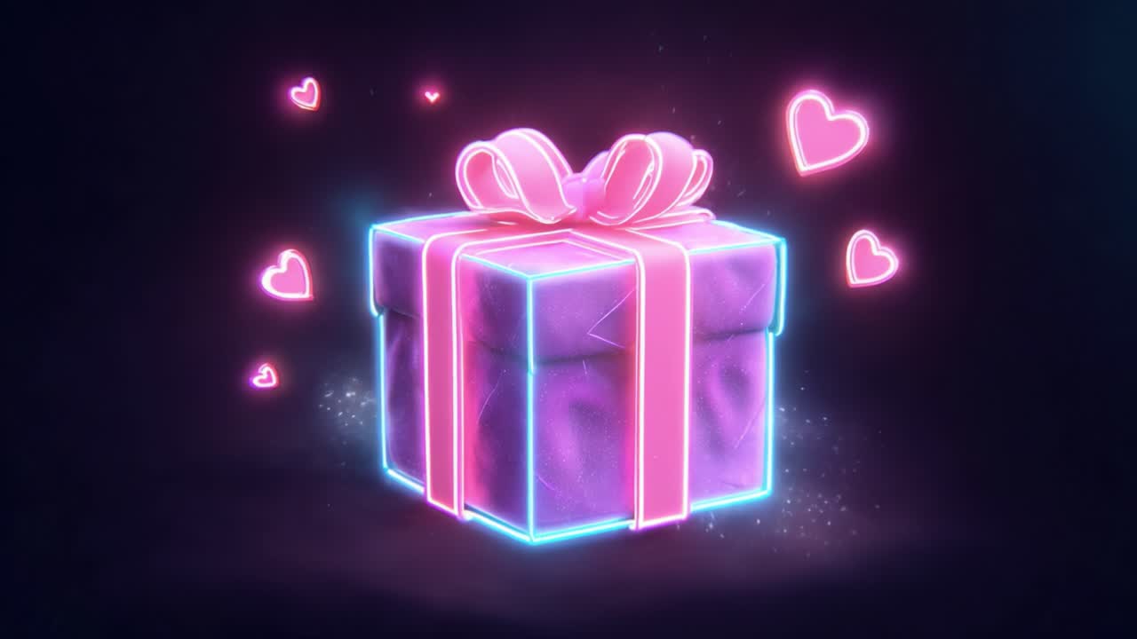 Una confezione regalo vivace e incantevole circondata da cuori fluttuanti, che irradia gioia ed entusiasmo, perfetta per feste e occasioni speciali con un tocco magico