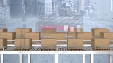 animation of statistics processing over cardboard boxes on conveyor belts and cityscape