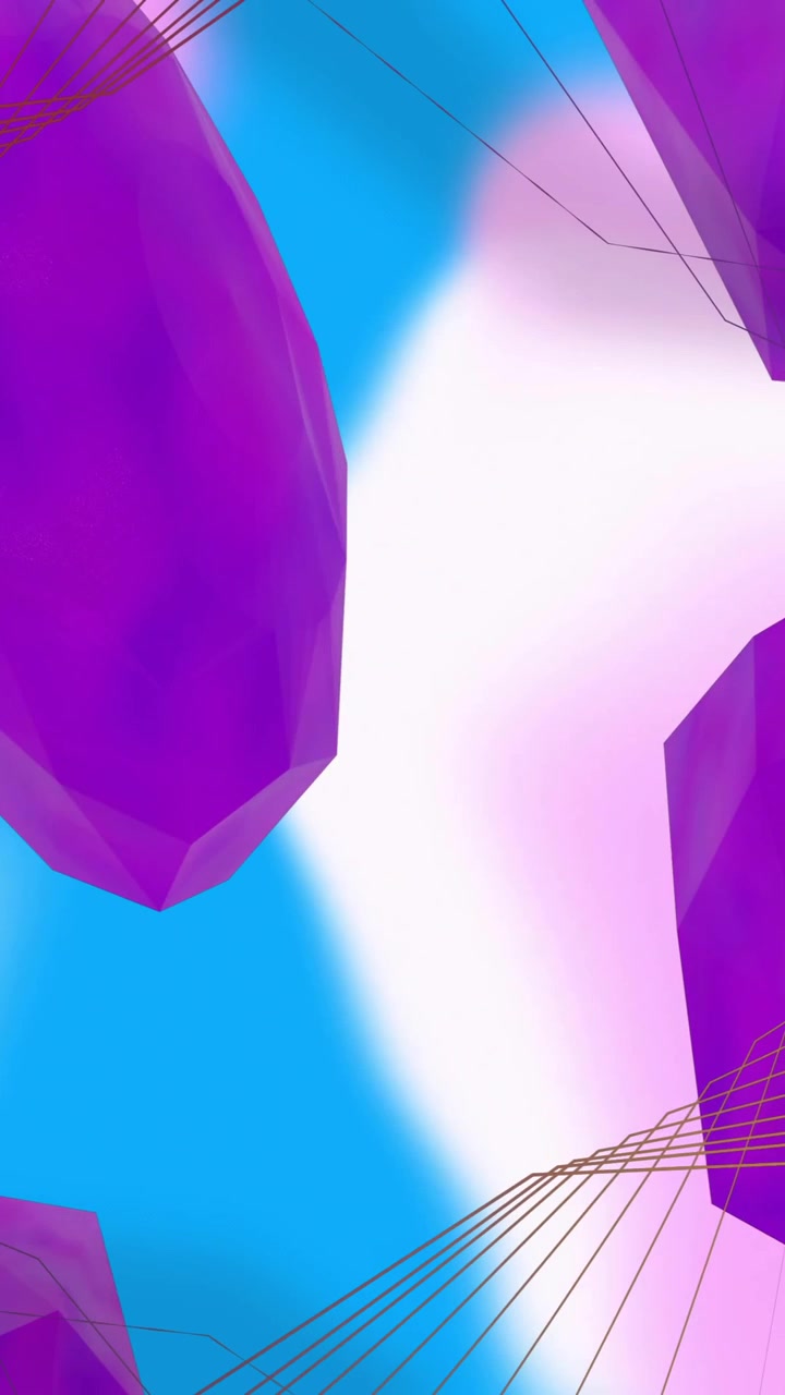 Animation of network structure over 3d purple shapes rotating on soft pink and blue background