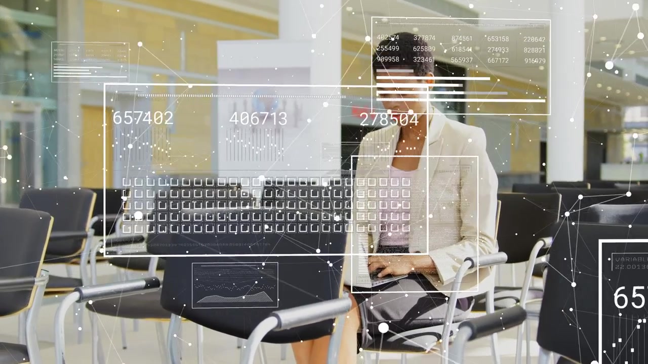 Woman typing laptop in terminal lounge, activating HUD charts and numeric readouts for analytics
