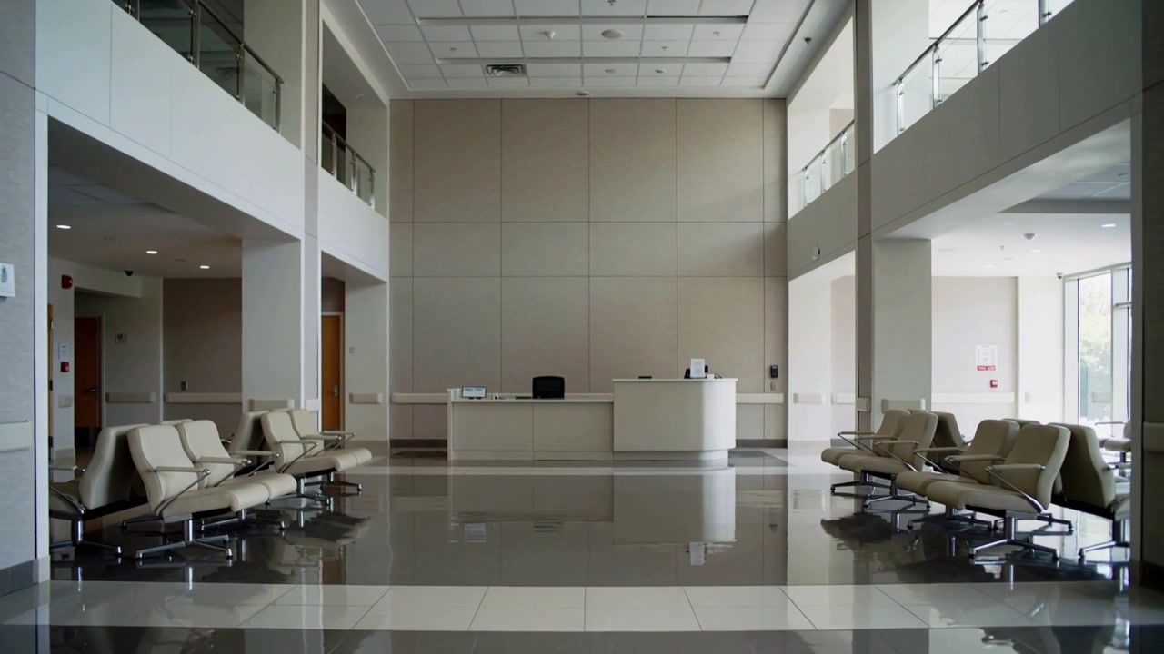 Câmera em movimento panorâmico revelando balcão de recepção com telefone, cadeiras de espera, balaustrada de vidro mostrando o lobby.