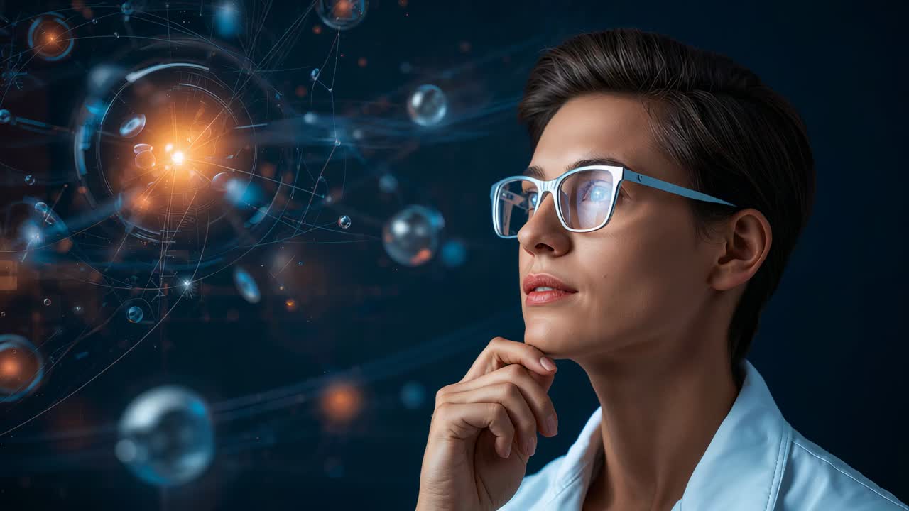 Studentessa in camice da laboratorio e occhiali che segue le orbite centrali in studio con simulazione di partenza, spazio per il testo