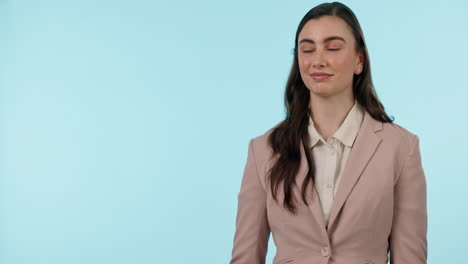 Pointing,-hands-and-a-business-woman-in-studio