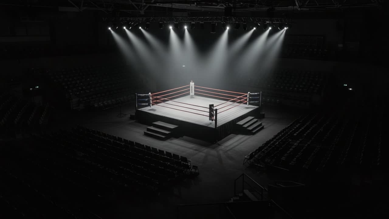 An Empty Boxing Ring Illuminated by Spotlight in a Darkened Arena, Highlighting the Anticipation for Future Matches and the Excitement of the Sport