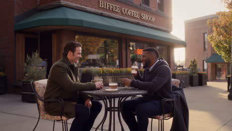 two men having coffee outside a coffee shop