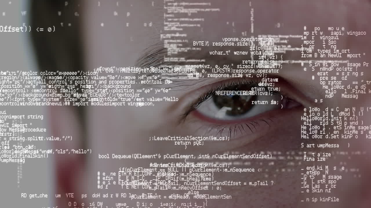 datos desplazándose contra un fondo de ojos de hombres