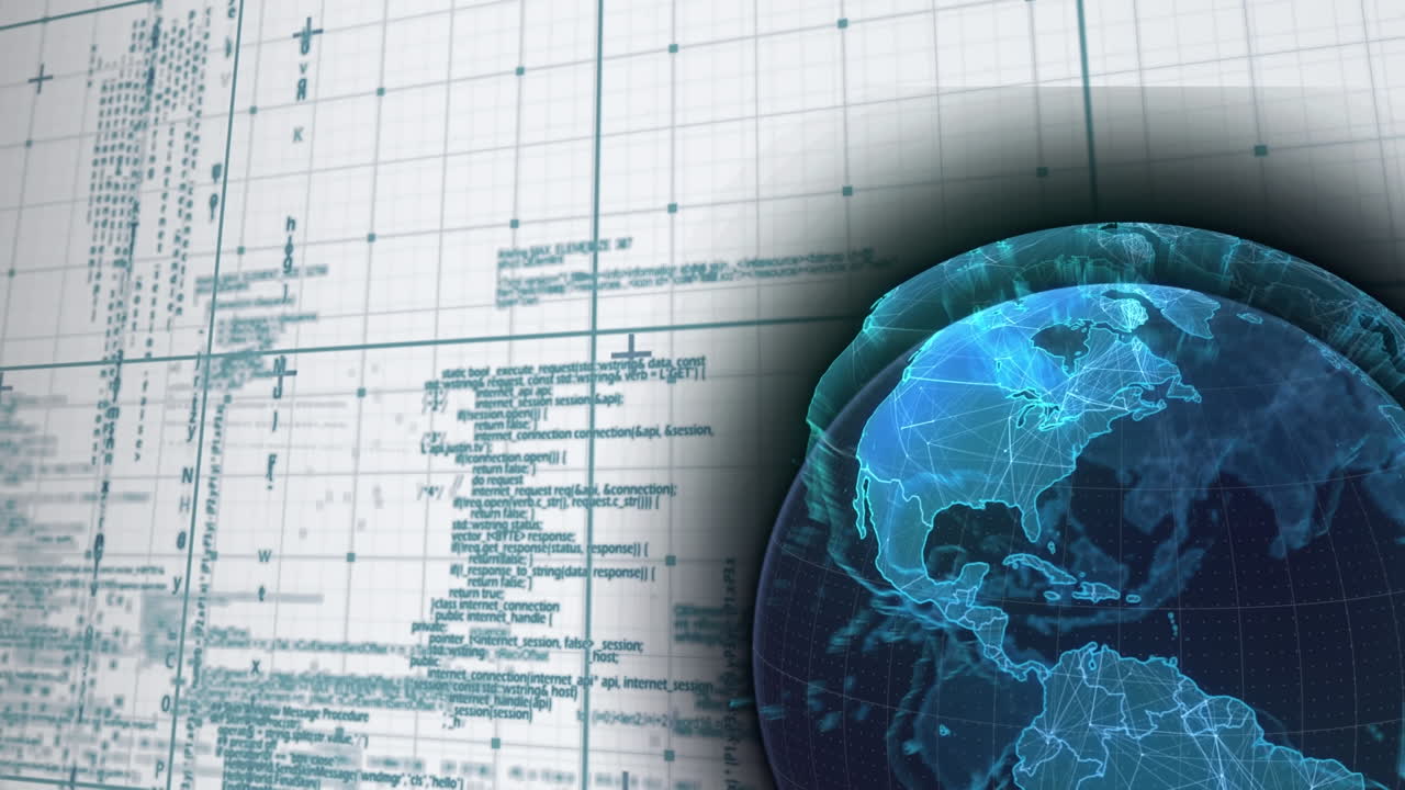 Animation of globe over network of connections and data processing on white background
