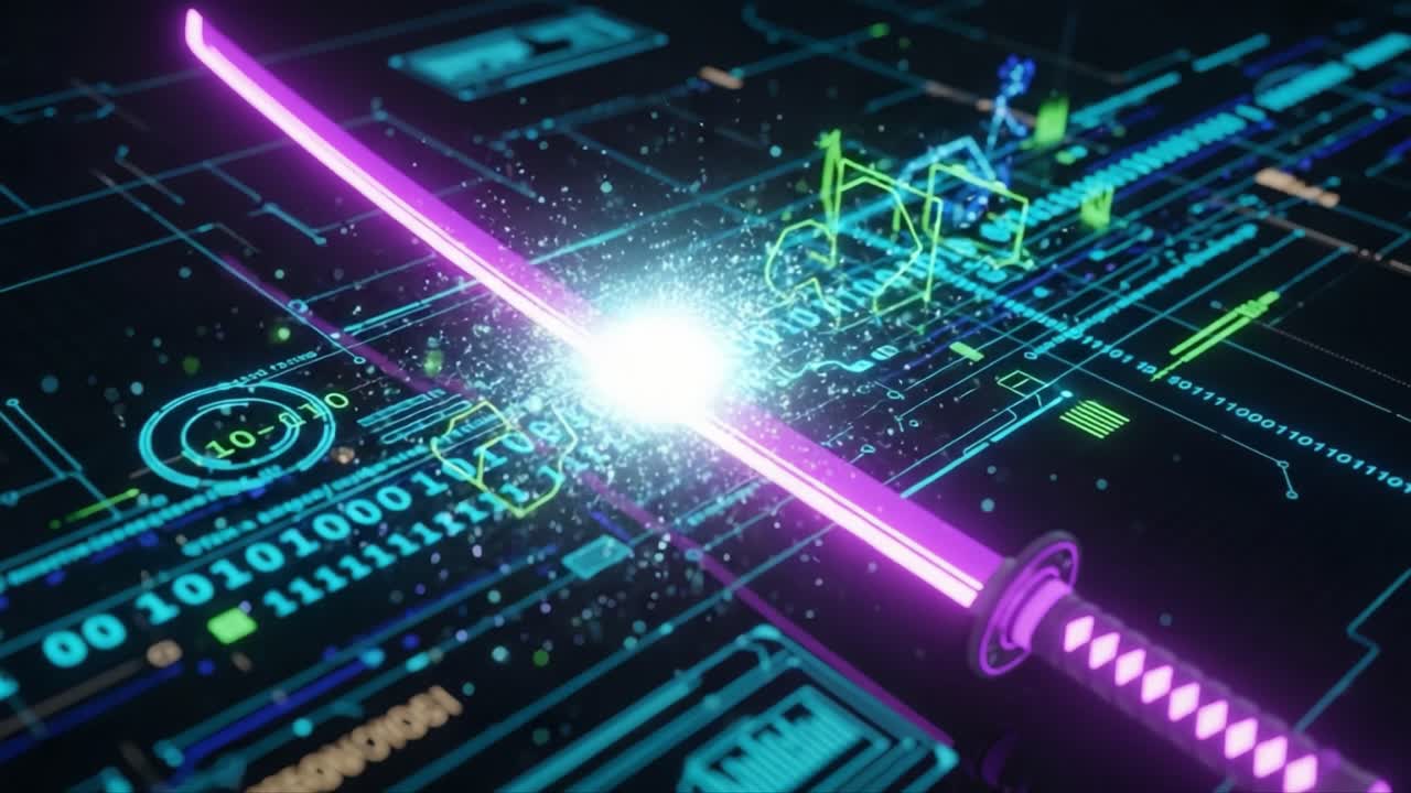 Una spada luminosa futuristica si accende con scintille su uno sfondo di circuiti digitali, creando una fusione immersiva di tecnologia e fantasia in movimento