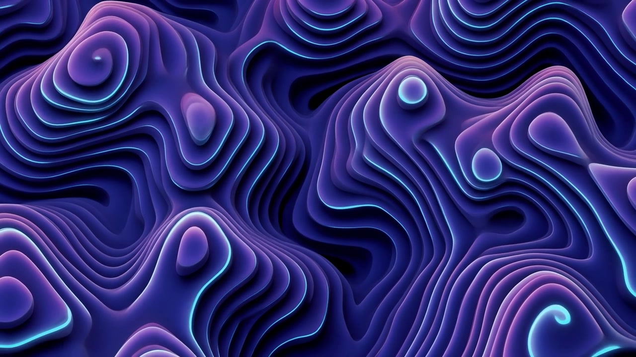 Abstract 3D Topographic Waves with Glowing Purple and Blue Light