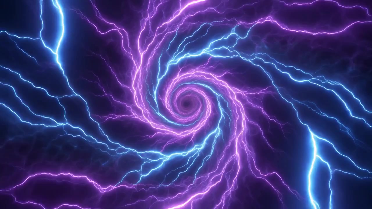 Abstract Spiral Tunnel of Glowing Purple and Blue Lightning Bolts