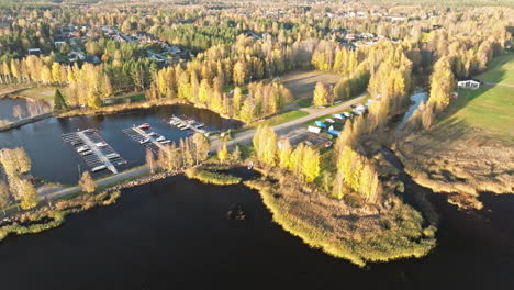 marina on black water lake at sunset