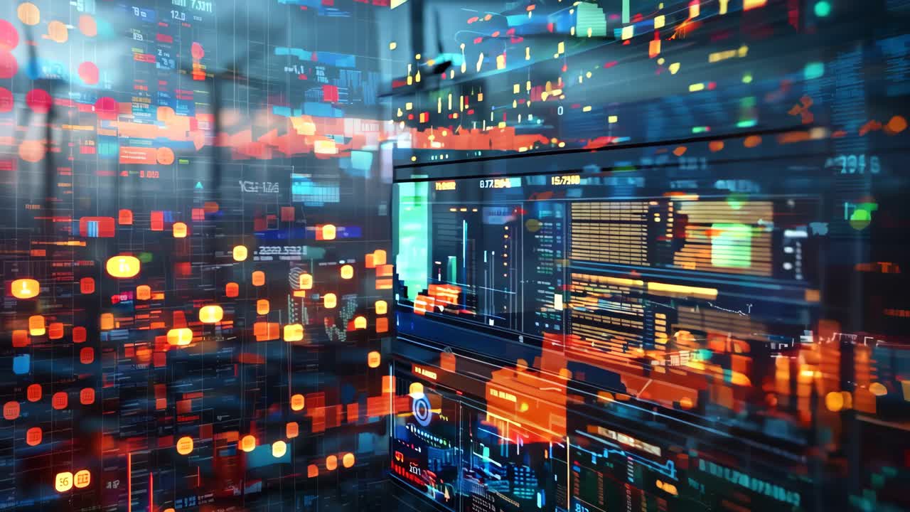 A computer screen with a lot of numbers and graphs. The image has a futuristic and technological vibe