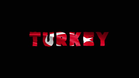 turkey country wiggle text animation lettering with her waving flag blend in as a texture - black screen background loopable video