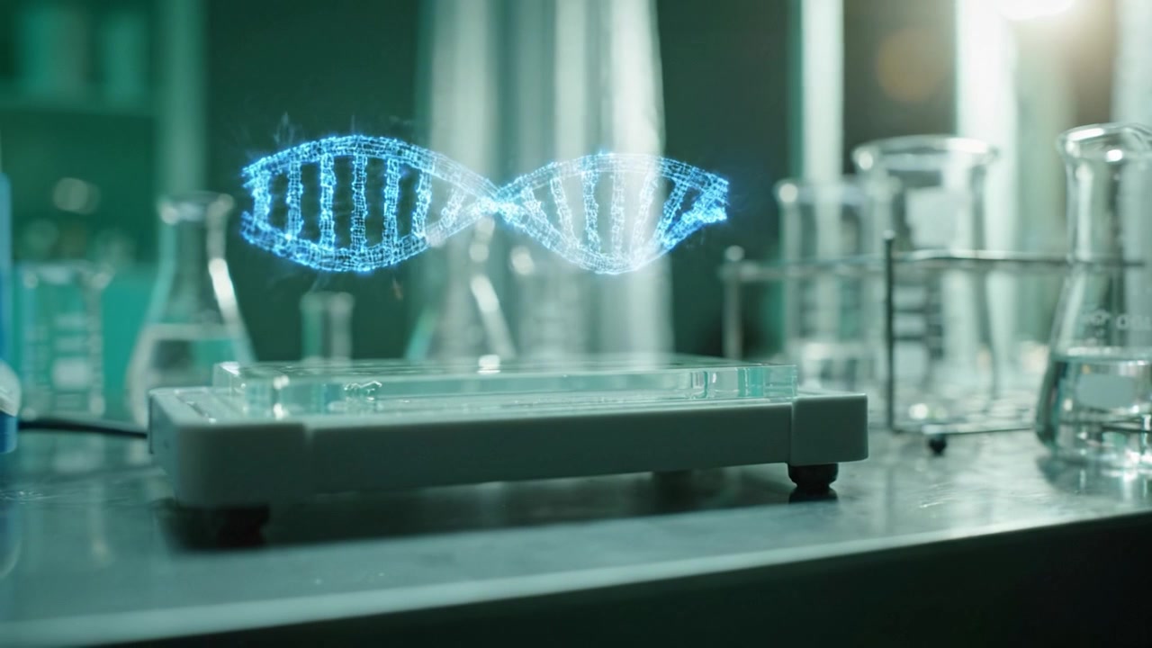 A modern laboratory showcases a holographic representation of DNA, symbolizing advancements in genetic research and biotechnology with an engaging visual display.