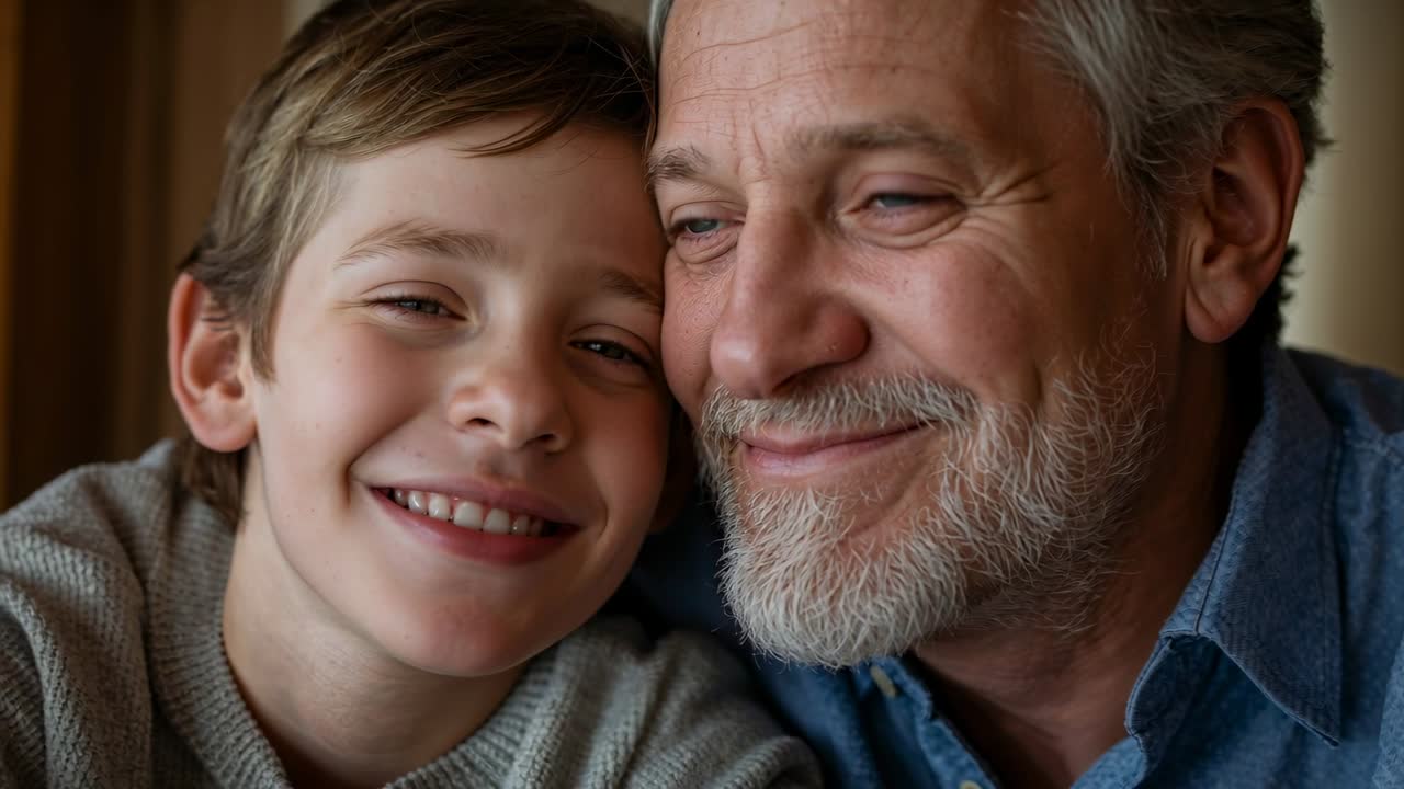 Padre e figlio ripresi, che sorridono guancia a guancia, abbracciati a casa, condividendo amore, con maglione a maglia e camicia di jeans.