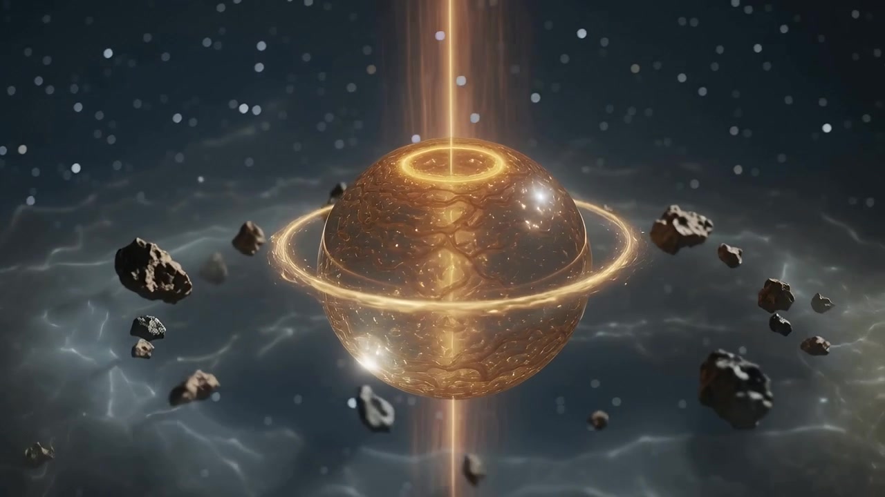 Camera approaching metal orb activating in space ring glowing beam intensifying rocks orbiting
