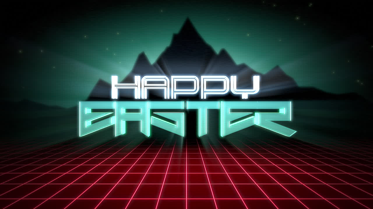 felices pascuas con rejilla roja y gran pico de montaña en galaxia al estilo de los años 80