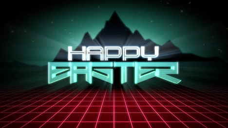 happy easter with red grid and big peak of mountain in galaxy in 80s style