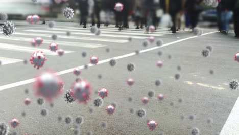 coronavirus cells spreading over walking people.