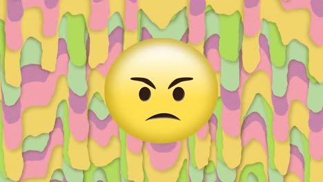Animation-of-yellow-angry-emoticon-over-moving-colorful-abstract-background