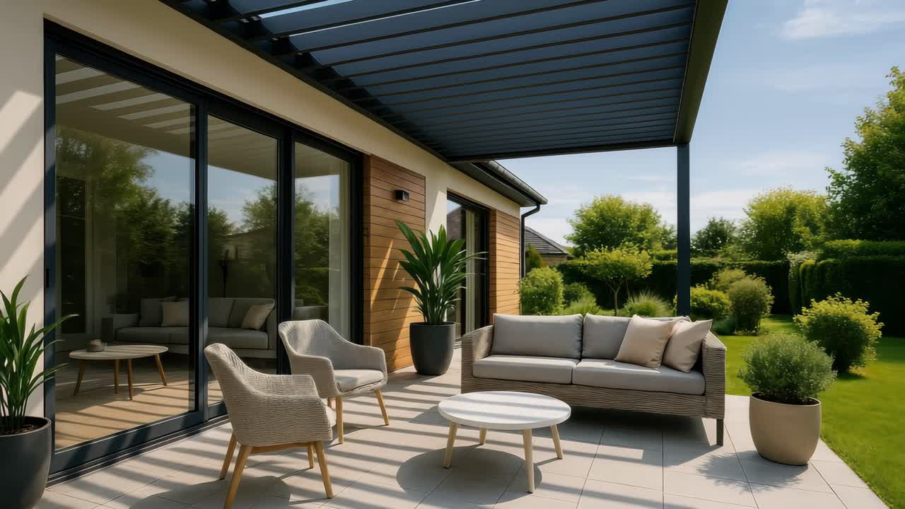 Patio moderno con mobili eleganti, fotografato da una bassa angolazione