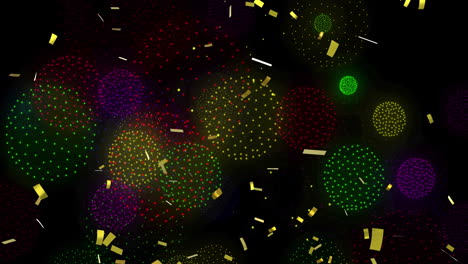 animation of confetti over shapes and fireworks on black backrgound