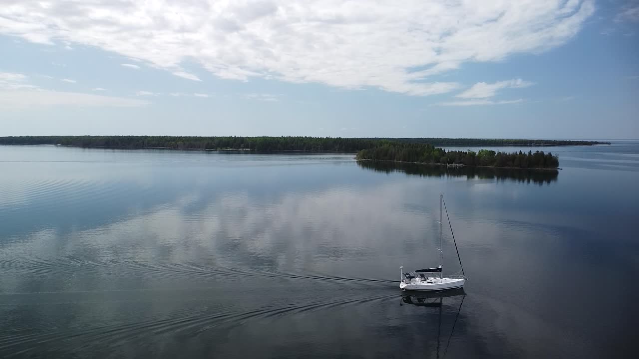 Aerial of Side Sailboat With Calm Water, Les Cheneaux Islands, Hessel, Michigan