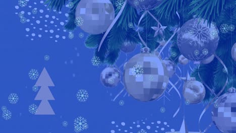 Animation-of-snowflakes-icons-falling-over-decorated-christmas-tree-branch-against-blue-background