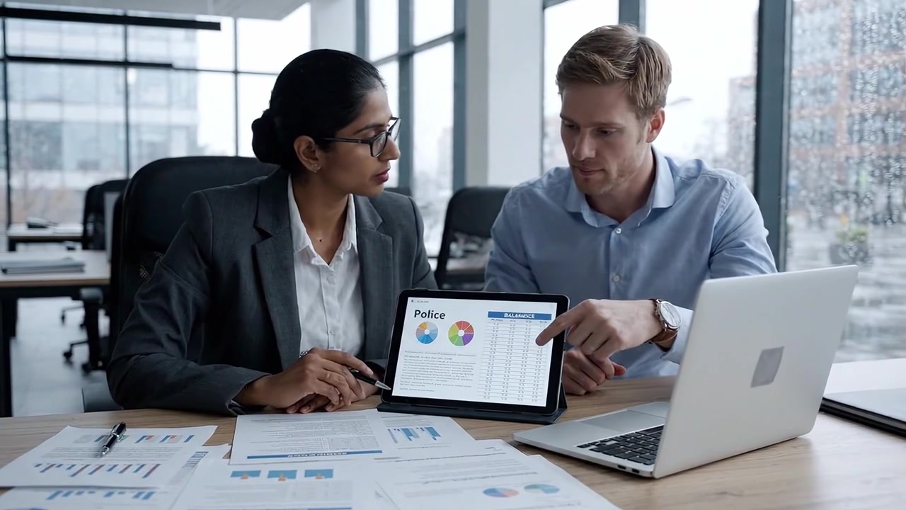 Collaboration in Business Analysis: Two Professionals Review Reports and Presentations in a Modern Office Environment Featuring a Laptop and Data Visualizations.