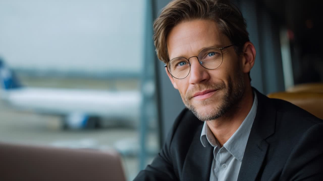 En selvsikker forretningsmand i en lufthavnslounge, fordybet i arbejde med en bærbar computer, mens han nyder udsigten til landingsbanen og flyene i baggrunden