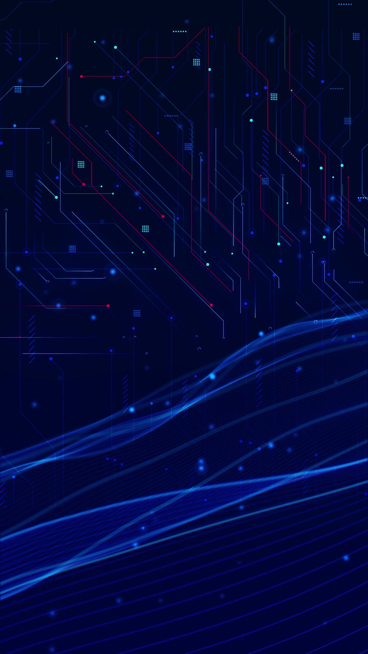 Blue circuit wave technology background with flowing light streaks red accent traces glowing nodes
