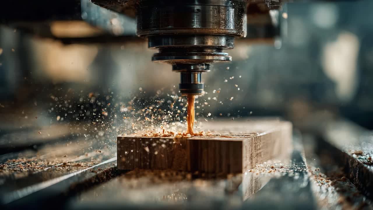 Precision Woodworking: A Close-Up View of CNC Milling Process with Wood Shavings and Chips Flying in a Workshop Setting