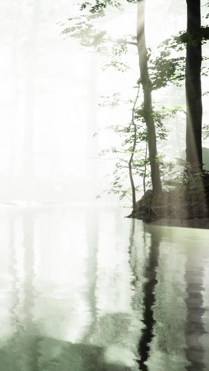 Fog covers a forest and water reflects trees and light in early morning