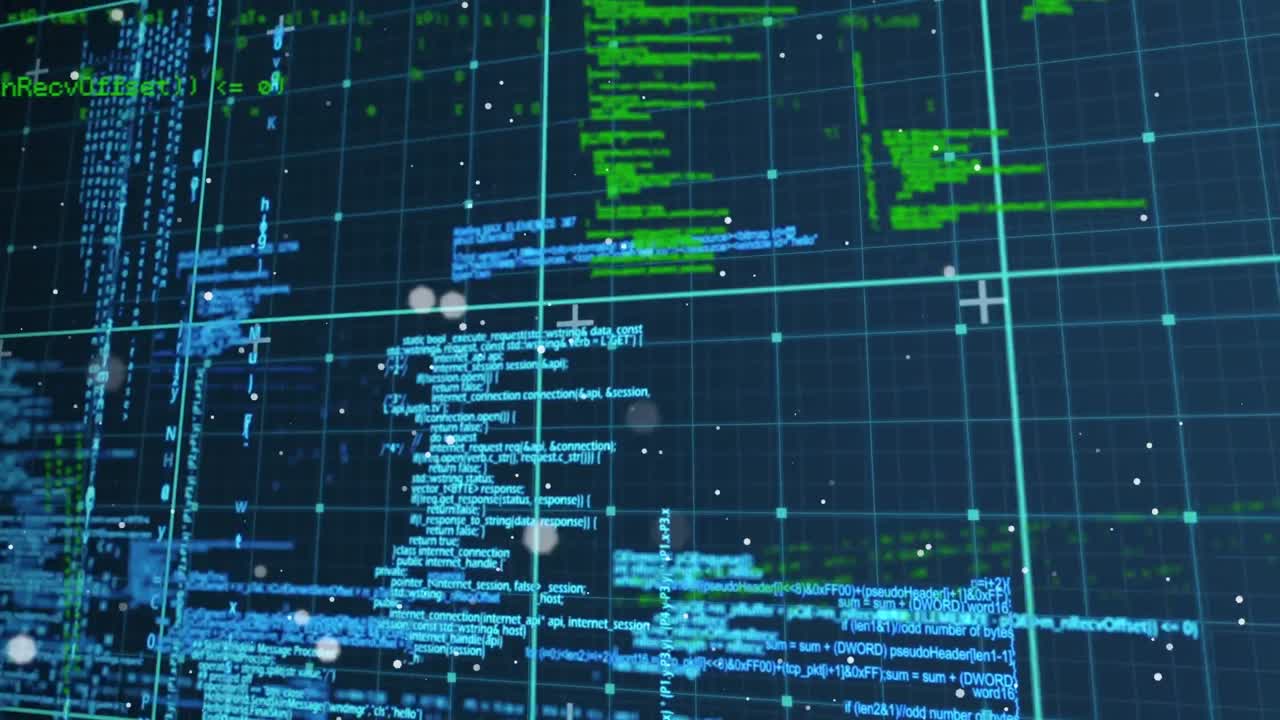 Animation of science data processing over dark background
