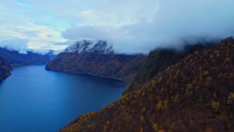 aerial shot of a beautiful huge lake or river in norway with mountains and hills