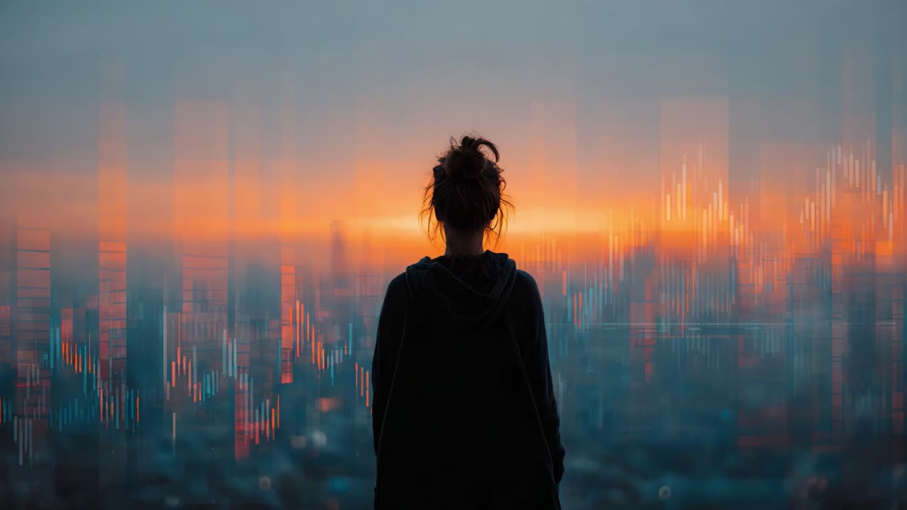 Una figura contemplativa guarda un tramonto vivido, in silhouette su uno sfondo di luci scintillanti della città e visualizzazioni dinamiche di dati che mostrano il progresso e il cambiamento