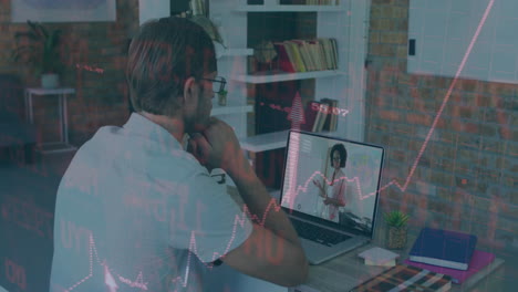 man using laptop for remote finance meeting in home office, with animated line charts and arrows