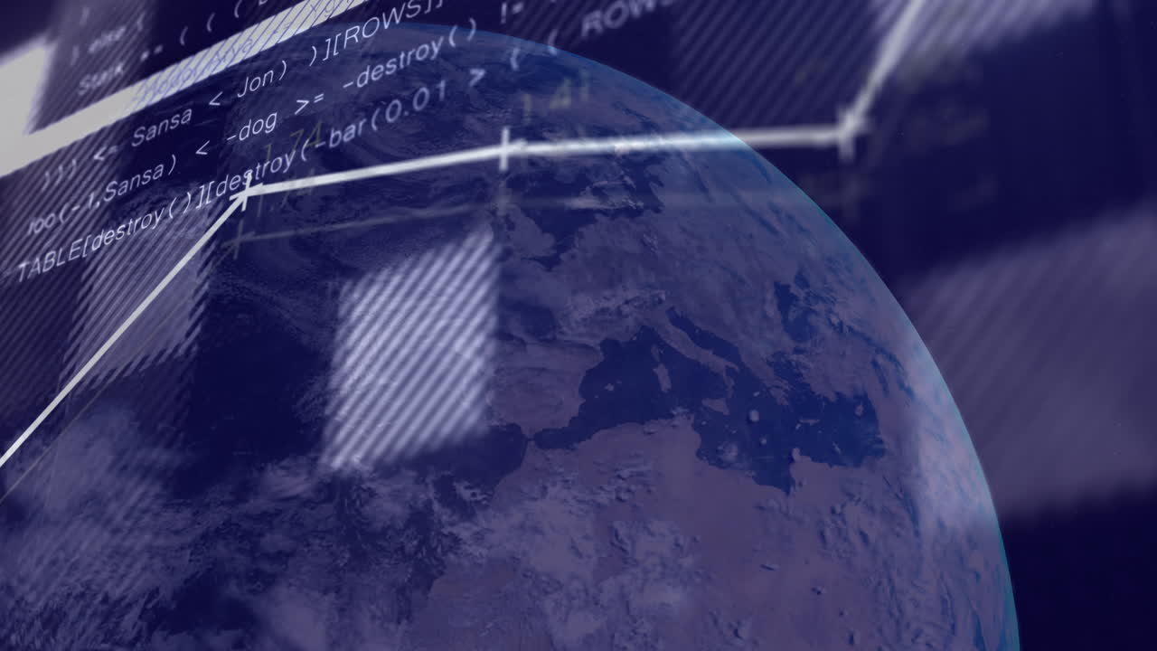 Animation of globe and financial data processing over black background