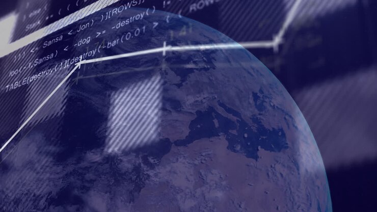 Animation of globe and financial data processing over black background