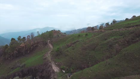 Aerial-view-of-hiker-walking-on-a-rural-road-in-Quiripital,-revealing-the-mountains-in-Miranda-State,-Venezuela