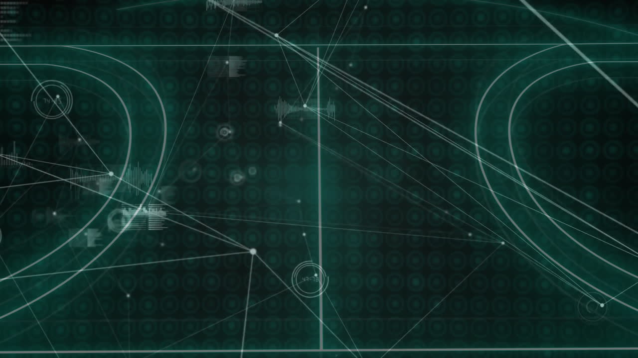 Abstract data network being animated on dark teal HUD, showing crisscrossing lines, circular nodes