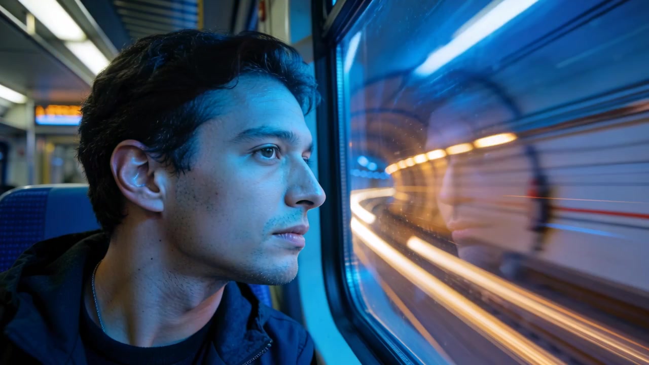 Uomo con felpa scura con cappuccio che si gira e si appoggia al finestrino mentre il treno entra in galleria, per osservare le scie di luce.