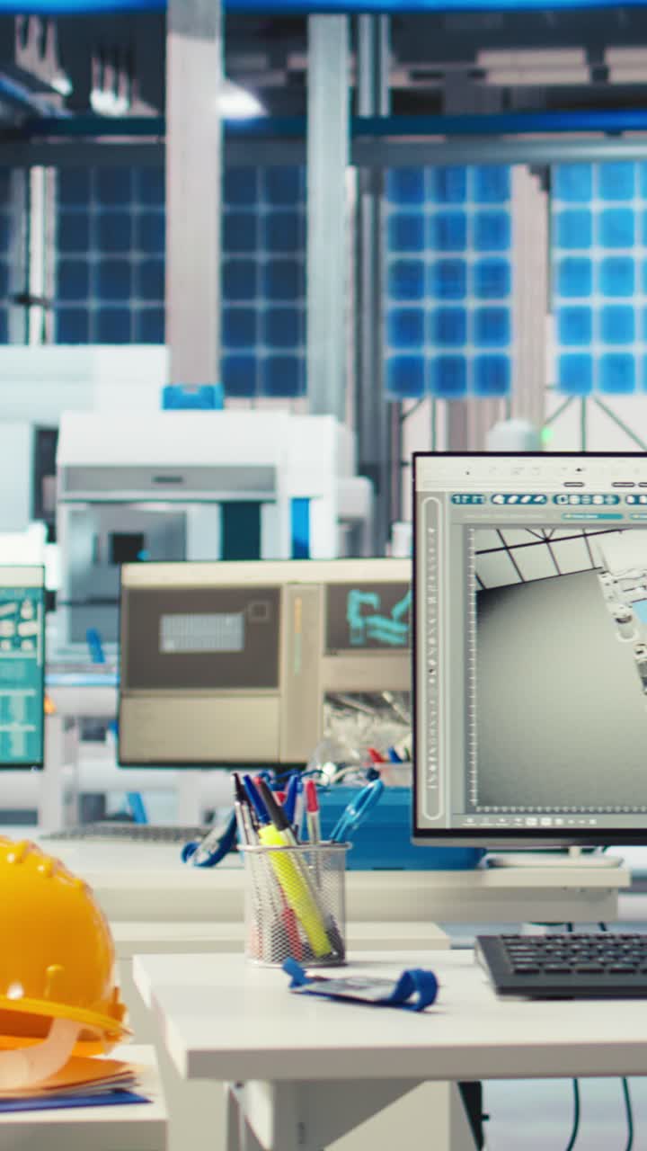 Vertical Video Simulation Software On Computer Monitor In Empty Solar Panels Plant