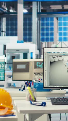vertical video simulation software on computer monitor in empty solar panels plant